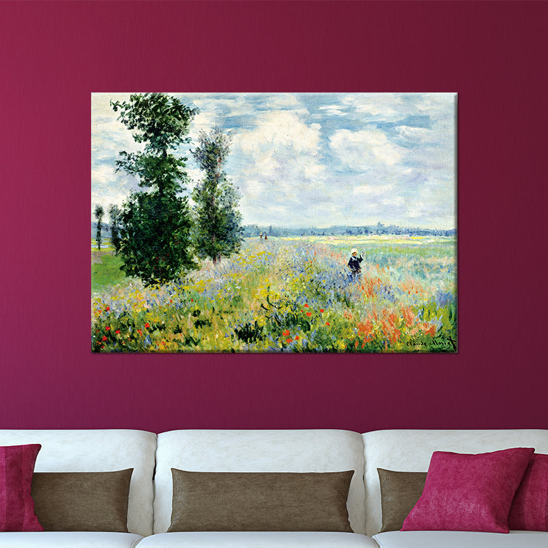 Sky Blue Modern Wall Art Kids in Flower World Scenery Canvas Painting for Bedroom