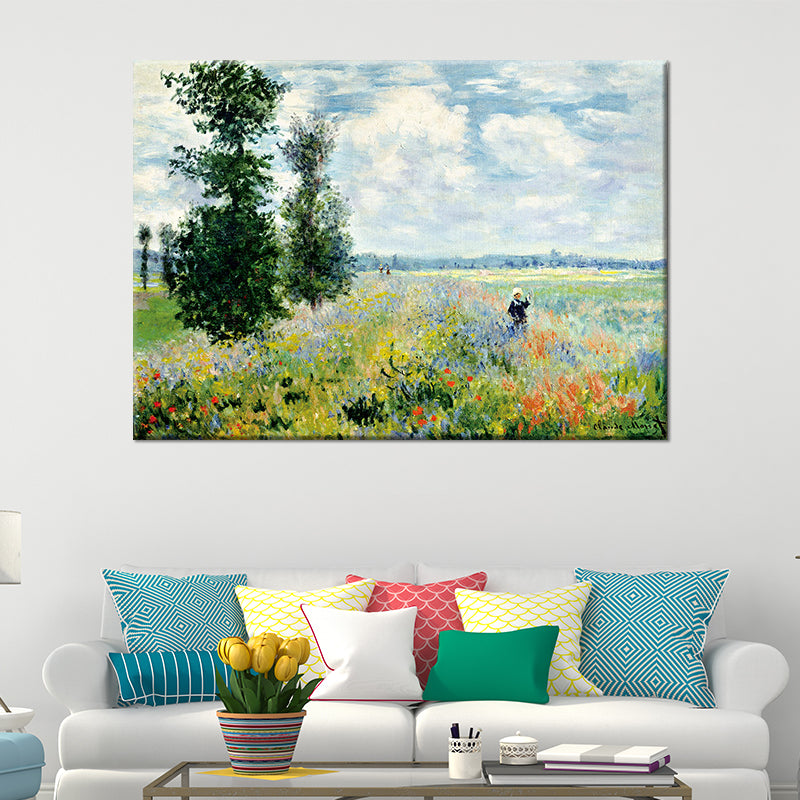 Sky Blue Modern Wall Art Kids in Flower World Scenery Canvas Painting for Bedroom