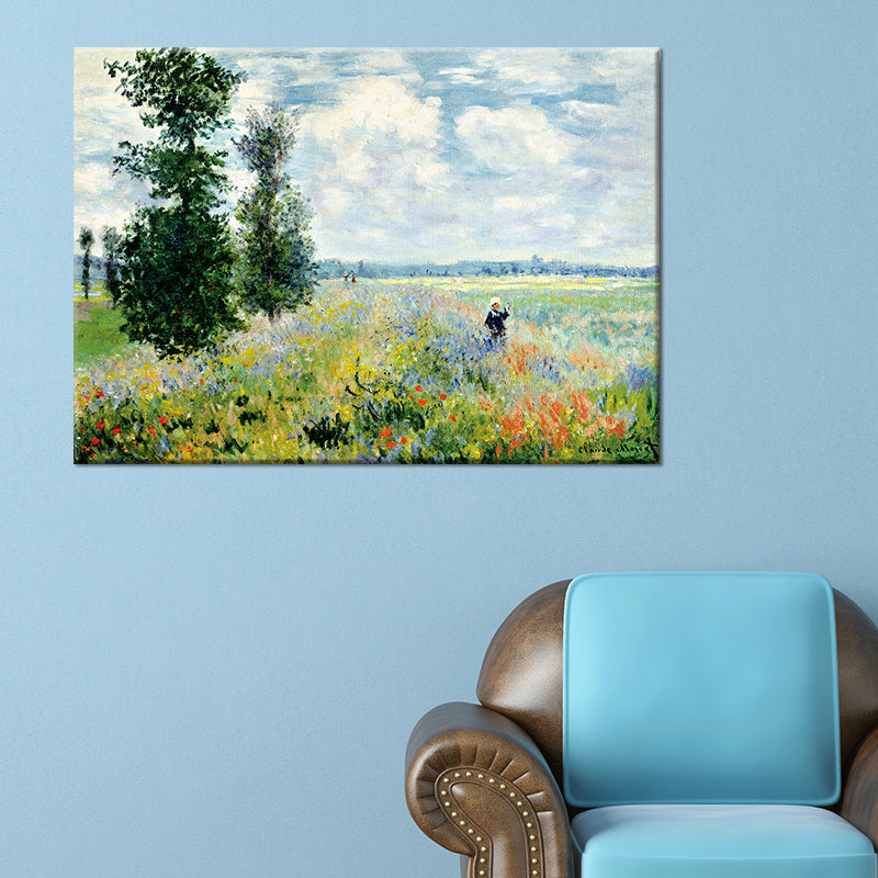 Sky Blue Modern Wall Art Kids in Flower World Scenery Canvas Painting for Bedroom