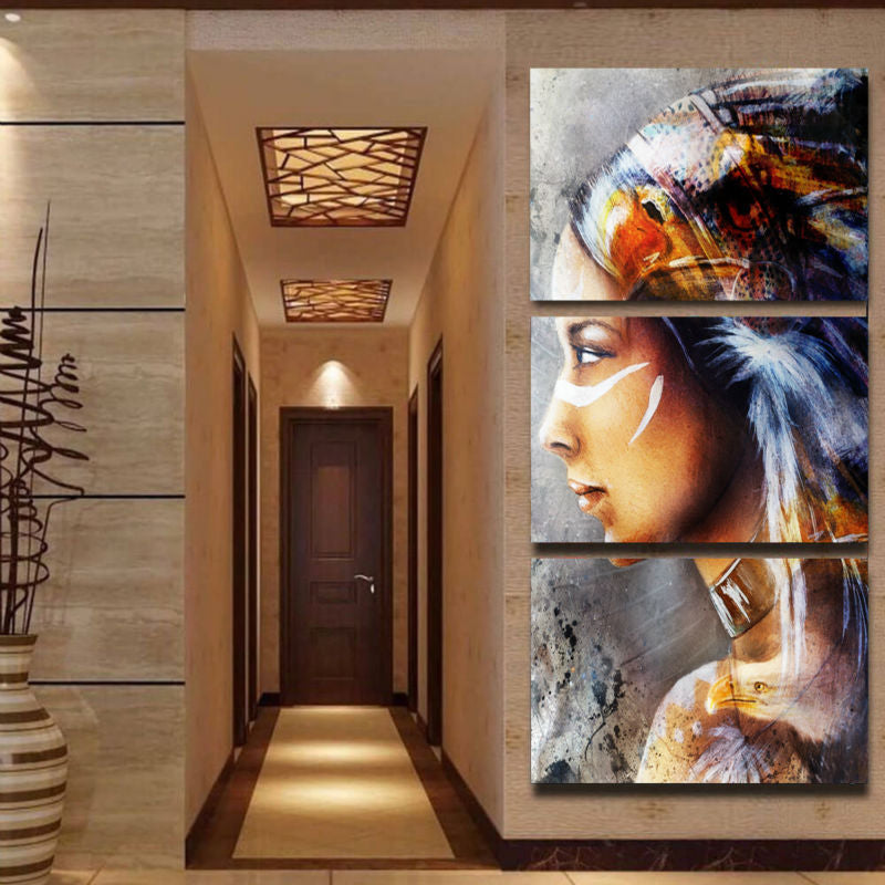 Indian Girl Side Face Painting Brown Modernist Canvas Wall Art for Hotel Hallway