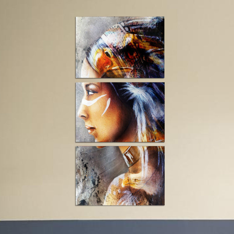 Indian Girl Side Face Painting Brown Modernist Canvas Wall Art for Hotel Hallway