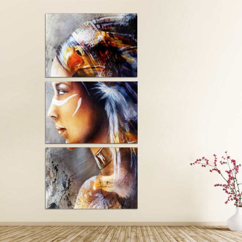 Indian Girl Side Face Painting Brown Modernist Canvas Wall Art for Hotel Hallway