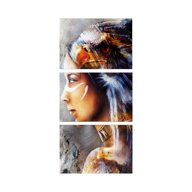 Indian Girl Side Face Painting Brown Modernist Canvas Wall Art for Hotel Hallway