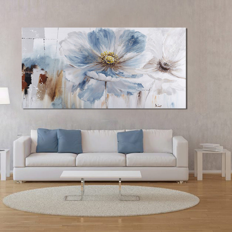 Minimalistic Big Bloom Flowers Painting Light-Blue Girls Room Canvas Wall Art