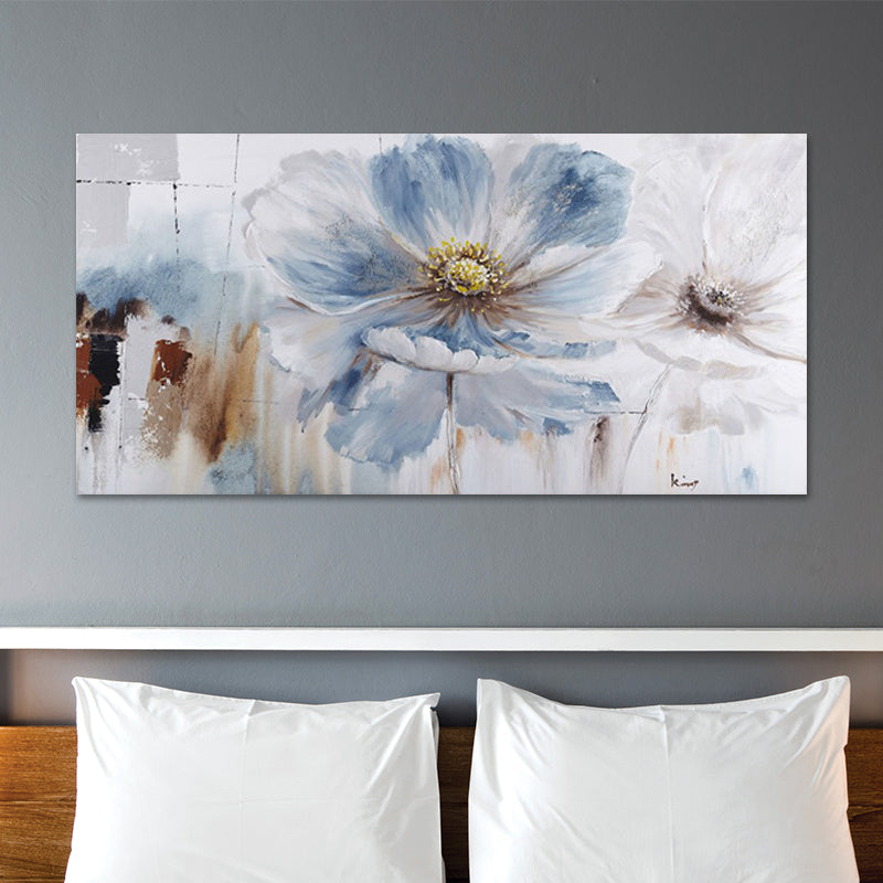 Minimalistic Big Bloom Flowers Painting Light-Blue Girls Room Canvas Wall Art