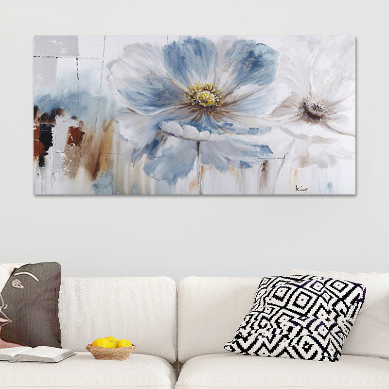 Minimalistic Big Bloom Flowers Painting Light-Blue Girls Room Canvas Wall Art