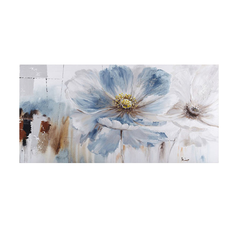 Minimalistic Big Bloom Flowers Painting Light-Blue Girls Room Canvas Wall Art