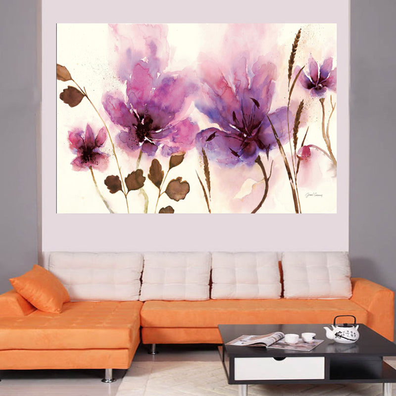 Watercolour Flower Wall Art Decor Minimalist Aesthetic Canvas Painting in Purple