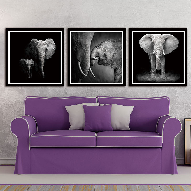 Photography Tropical Wall Art with Mother Elephant and Its Kid Pattern in Black, Multi-Piece