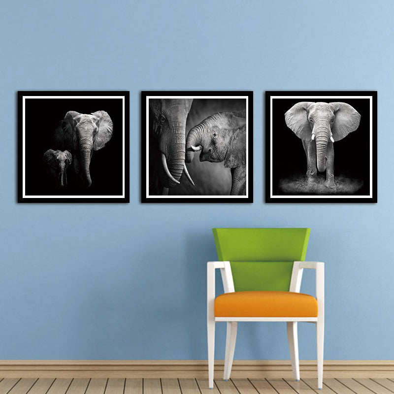 Photography Tropical Wall Art with Mother Elephant and Its Kid Pattern in Black, Multi-Piece