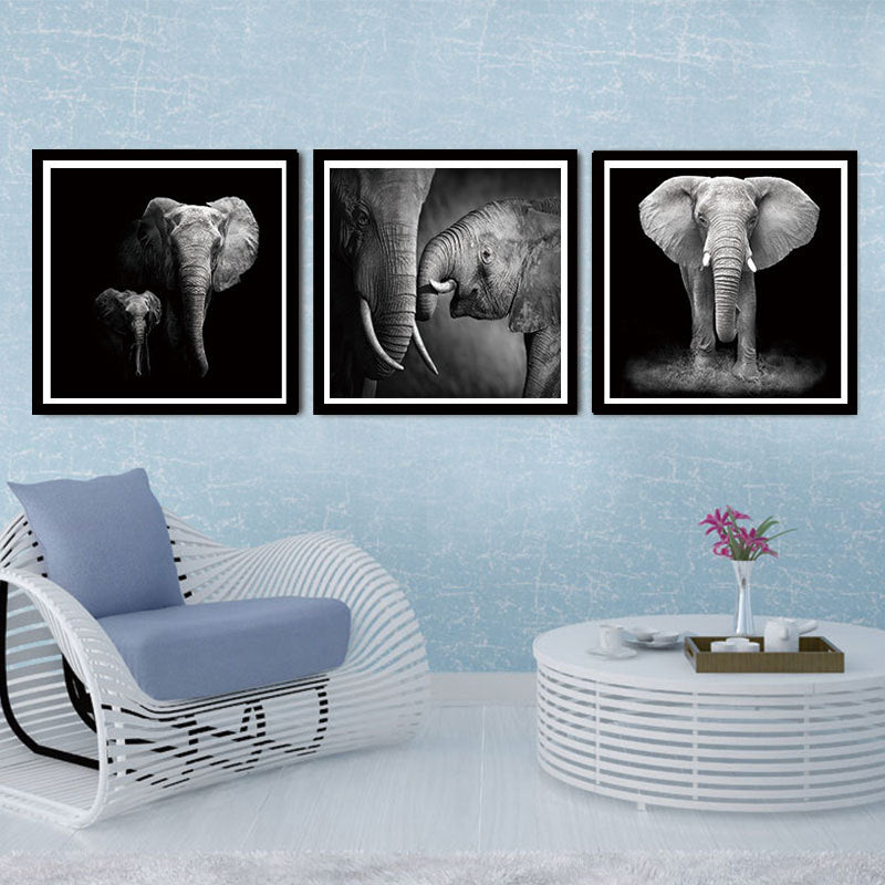 Photography Tropical Wall Art with Mother Elephant and Its Kid Pattern in Black, Multi-Piece