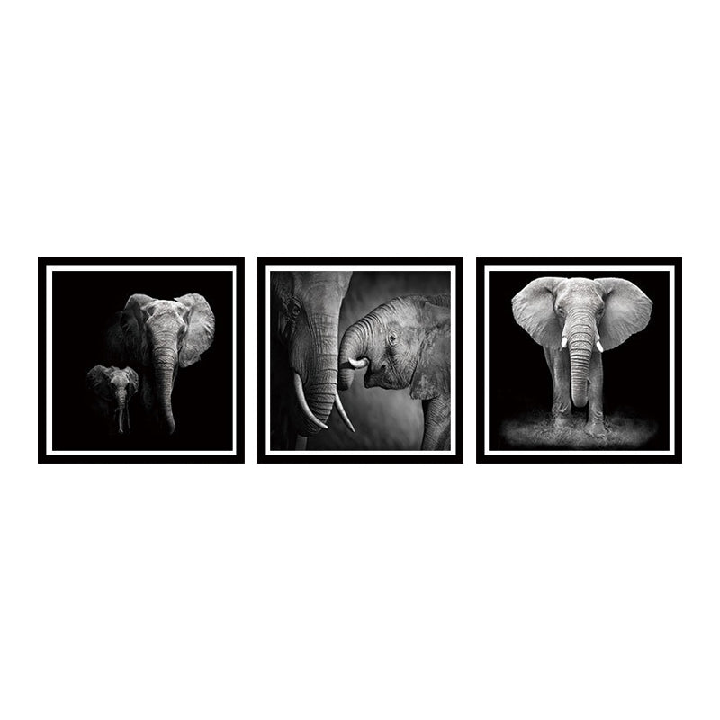 Photography Tropical Wall Art with Mother Elephant and Its Kid Pattern in Black, Multi-Piece