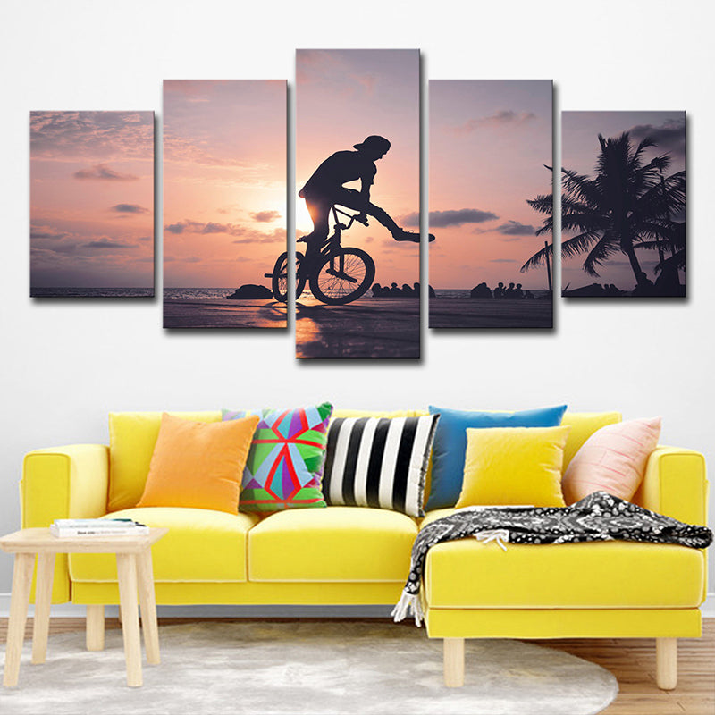 Tropical Sunset Bike Ride Canvas Grey and Orange Multi-Piece Wall Art for Apartment