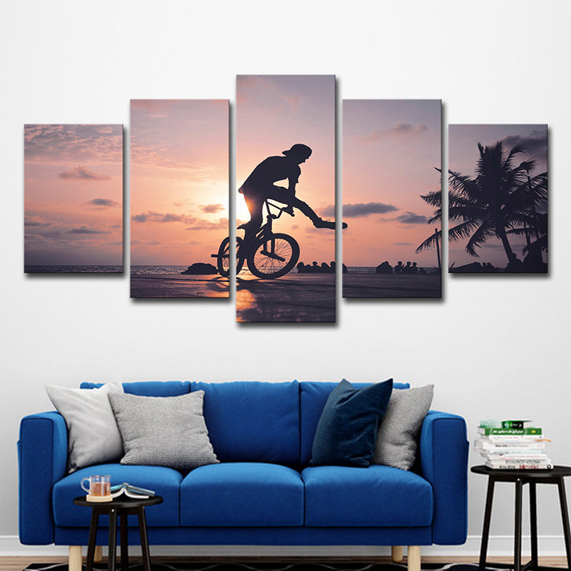 Tropical Sunset Bike Ride Canvas Grey and Orange Multi-Piece Wall Art for Apartment