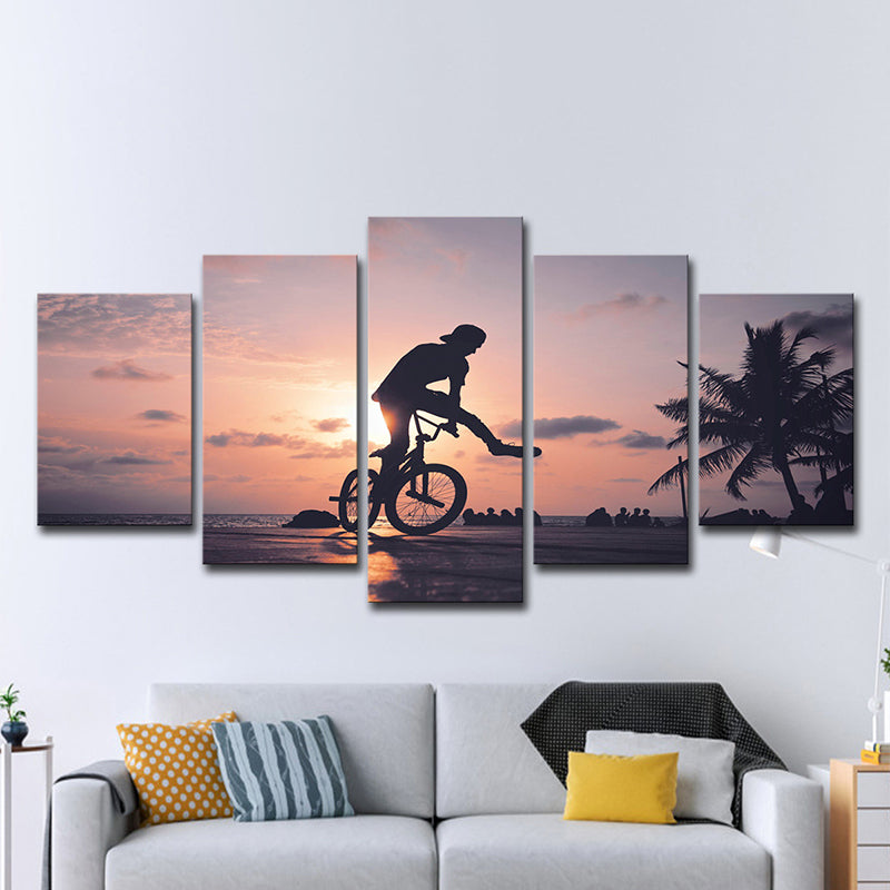 Tropical Sunset Bike Ride Canvas Grey and Orange Multi-Piece Wall Art for Apartment