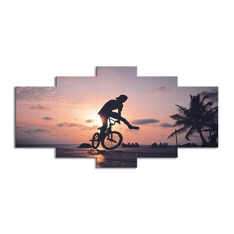 Tropical Sunset Bike Ride Canvas Grey and Orange Multi-Piece Wall Art for Apartment