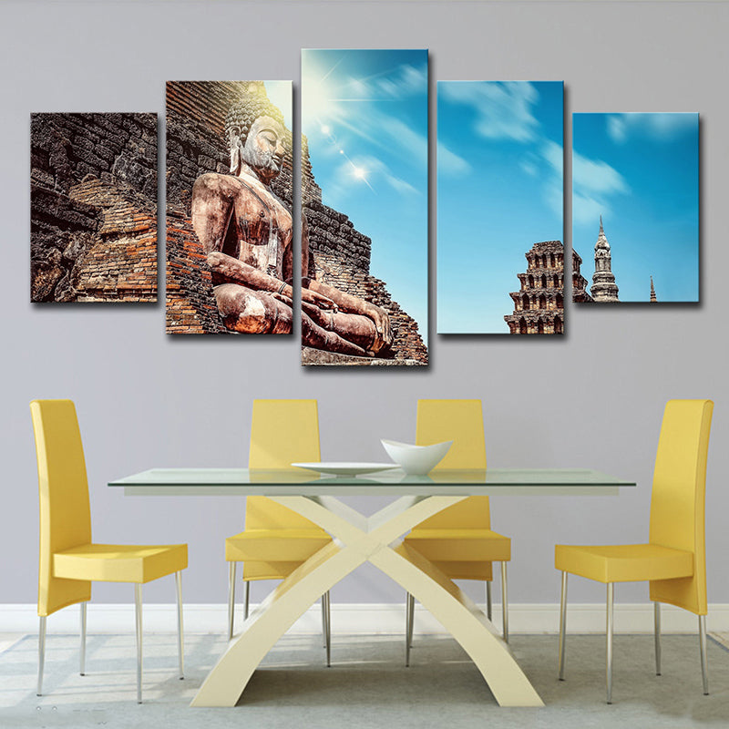 Longmen Grottoes Scenery Canvas Indoor Buddhism Wall Art Decor in Blue and Brown