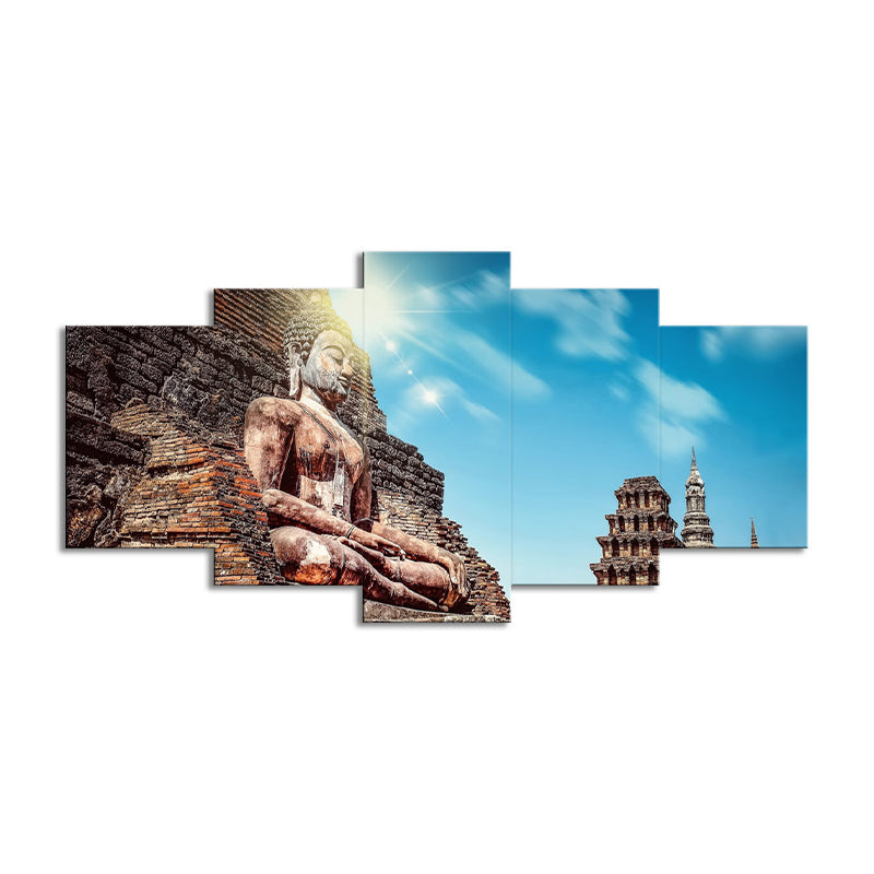 Longmen Grottoes Scenery Canvas Indoor Buddhism Wall Art Decor in Blue and Brown