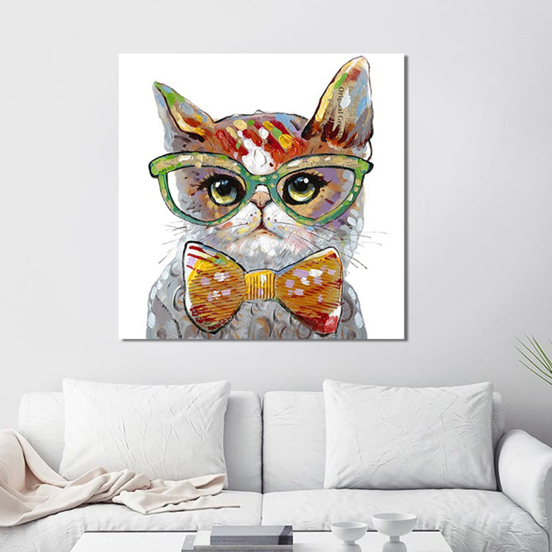 Modern Cat Painting Canvas Textured Yellow and Grey Wall Art Decor for Living Room