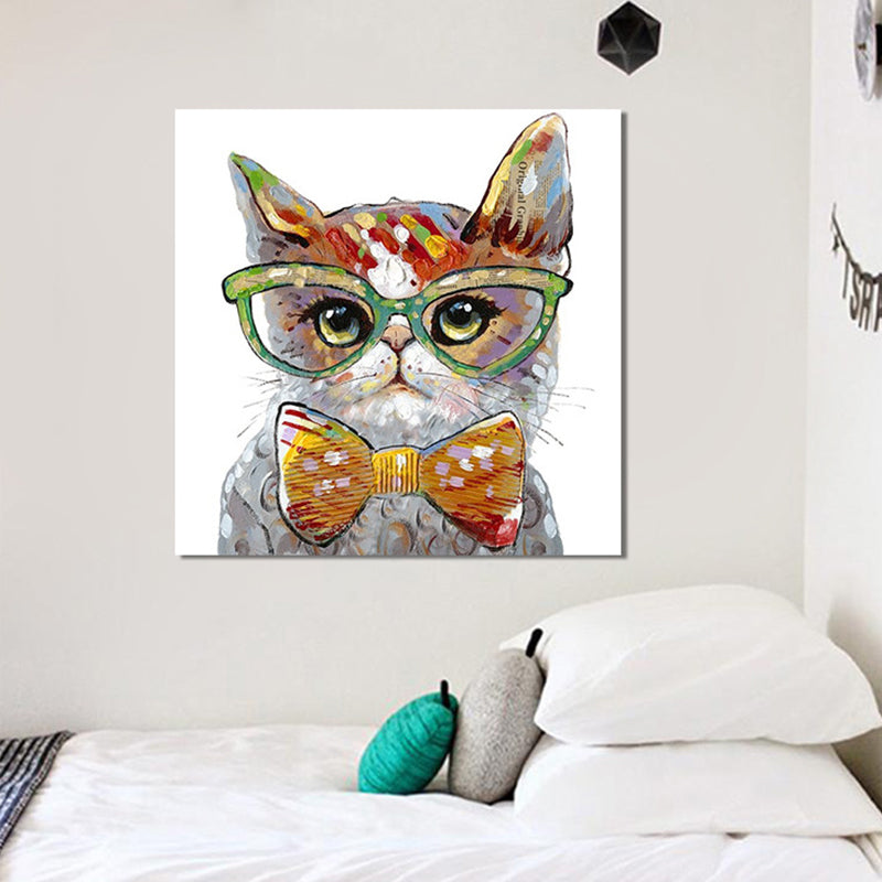 Modern Cat Painting Canvas Textured Yellow and Grey Wall Art Decor for Living Room