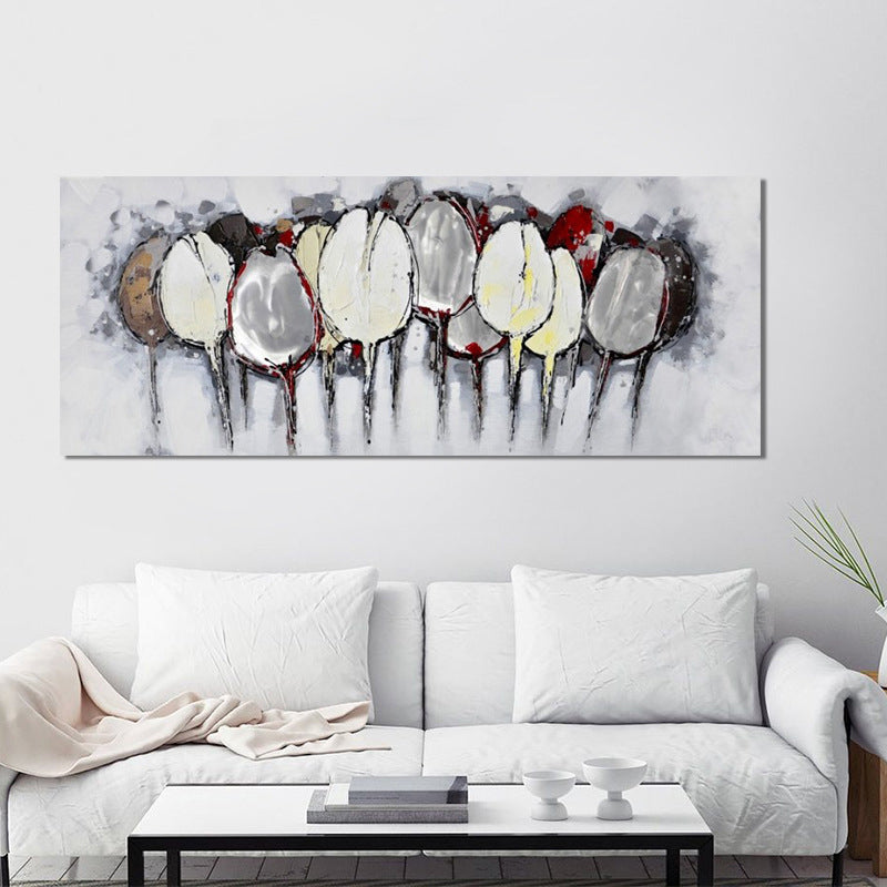 Extra Large Tulip Flowers Painting Modern Trendy Hand-Print Wall Art Decor in Grey