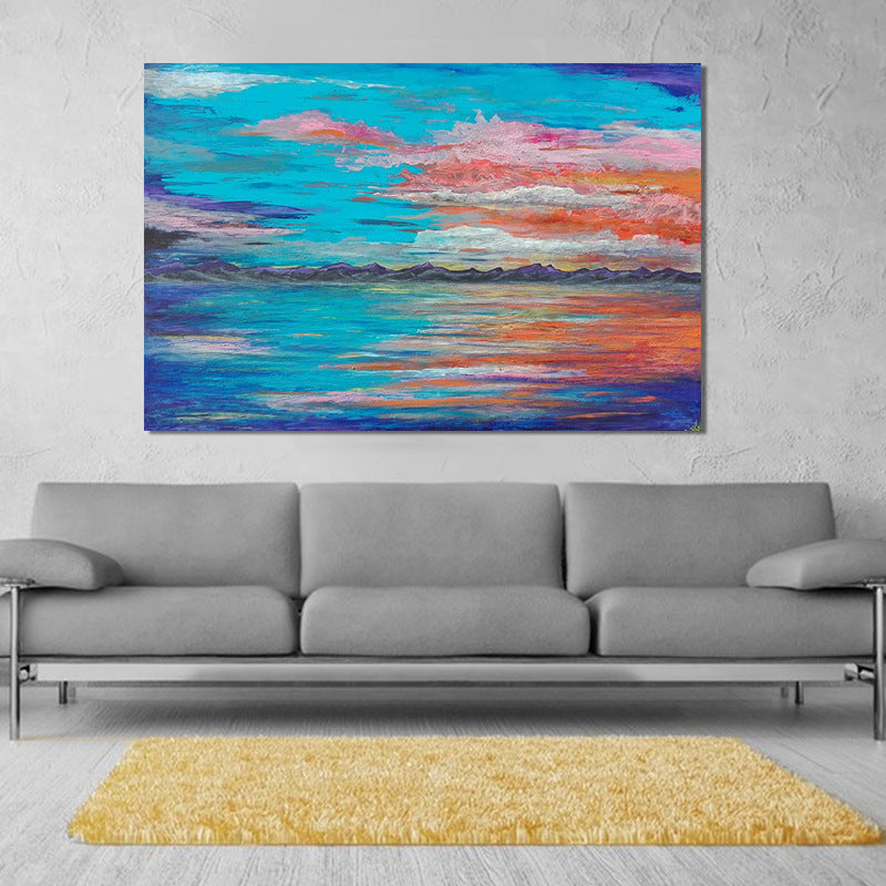 Blue Seascape Wall Art Evening Glow Painting Modern Textured Wrapped Canvas