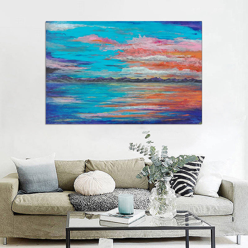 Blue Seascape Wall Art Evening Glow Painting Modern Textured Wrapped Canvas