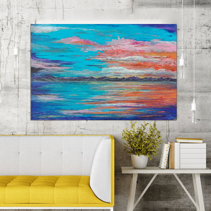 Blue Seascape Wall Art Evening Glow Painting Modern Textured Wrapped Canvas