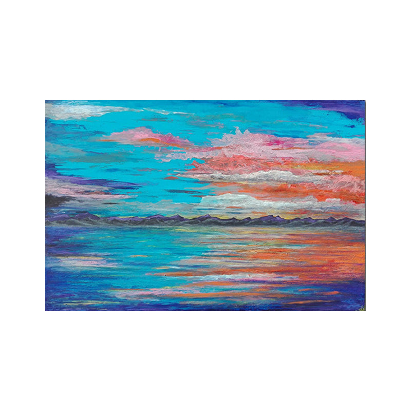 Blue Seascape Wall Art Evening Glow Painting Modern Textured Wrapped Canvas