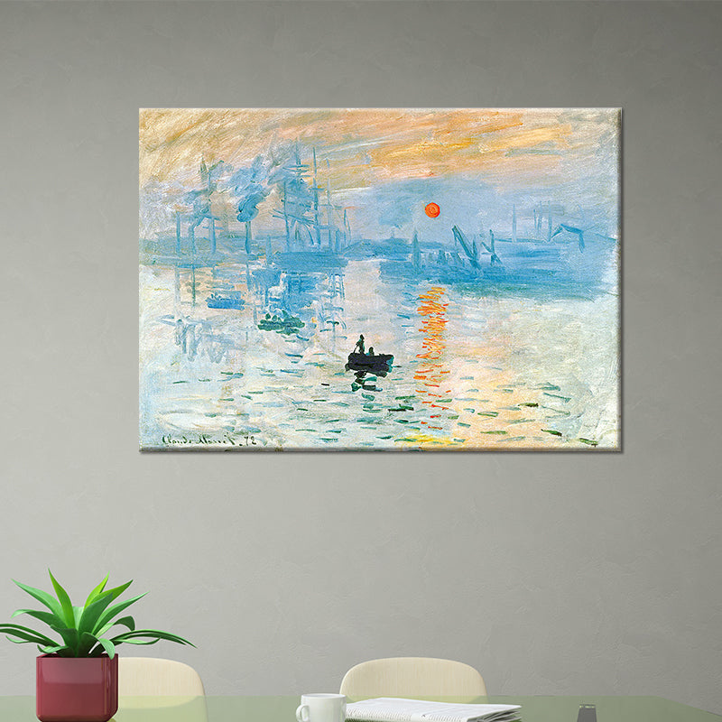 Blue Scenery Wall Art Decor Nightfall Boat on the River Modern Textured Painting