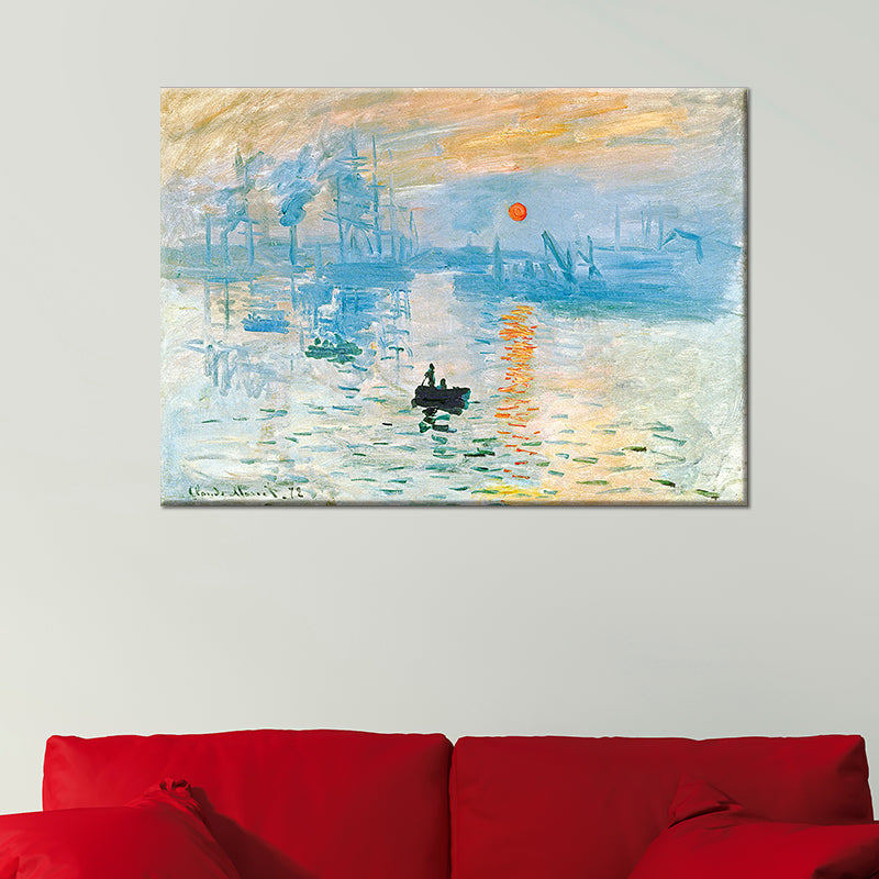 Blue Scenery Wall Art Decor Nightfall Boat on the River Modern Textured Painting