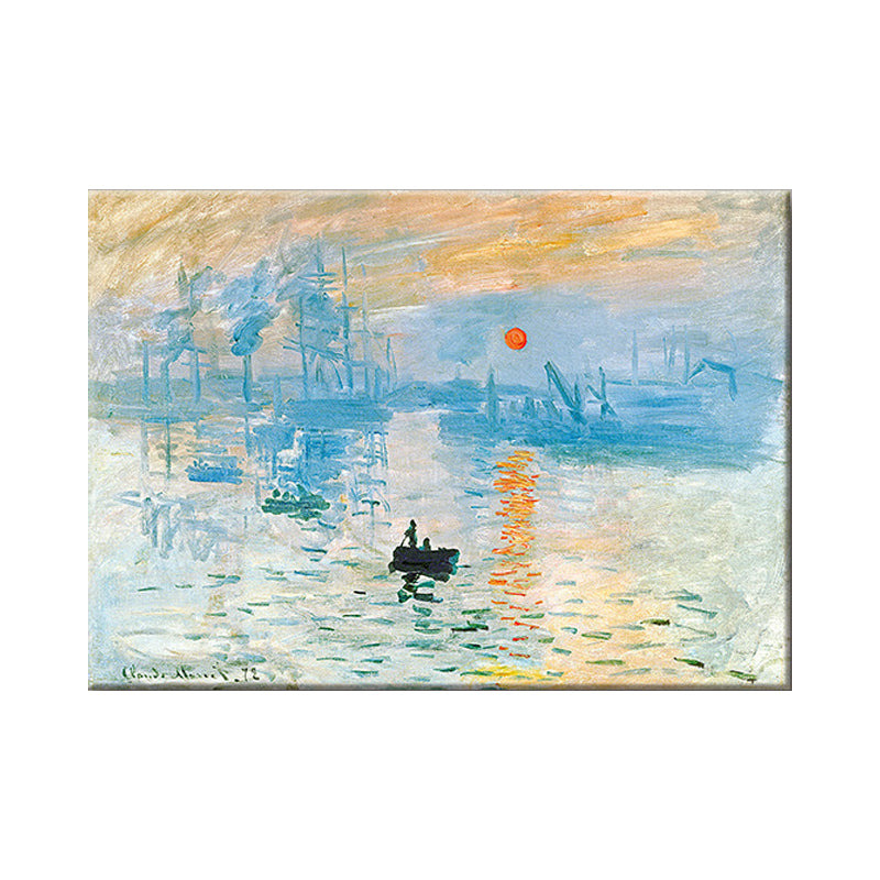 Blue Scenery Wall Art Decor Nightfall Boat on the River Modern Textured Painting