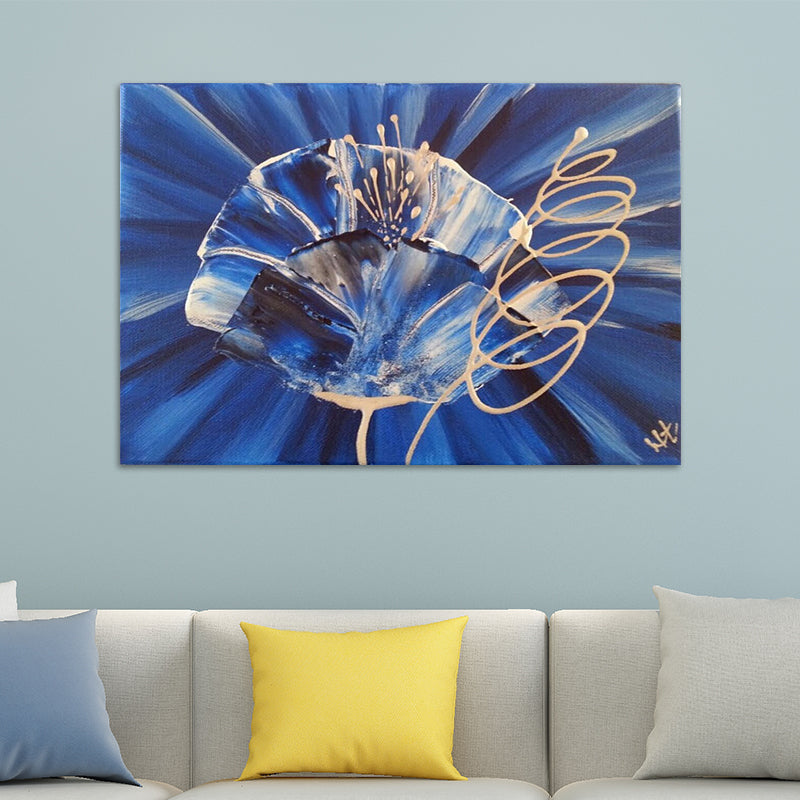 Close-Up View Flower Painting Blue Modern Style Wall Art Print for Living Room, Canvas Made