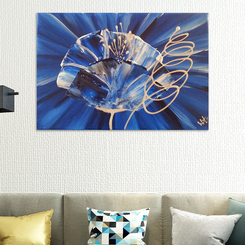 Close-Up View Flower Painting Blue Modern Style Wall Art Print for Living Room, Canvas Made