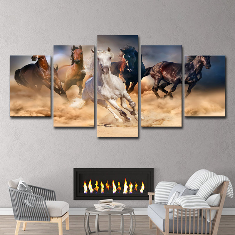 Multi-Piece Steeds Painting Contemporary Canvas Wall Art in Brown and Blue