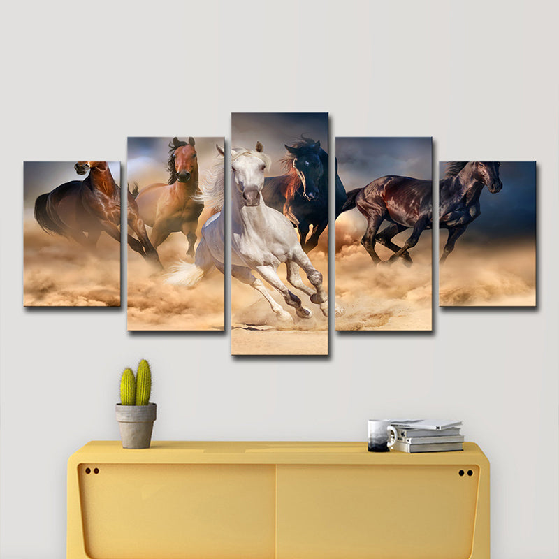 Multi-Piece Steeds Painting Contemporary Canvas Wall Art in Brown and Blue