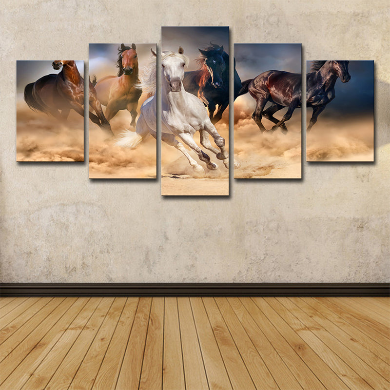 Multi-Piece Steeds Painting Contemporary Canvas Wall Art in Brown and Blue