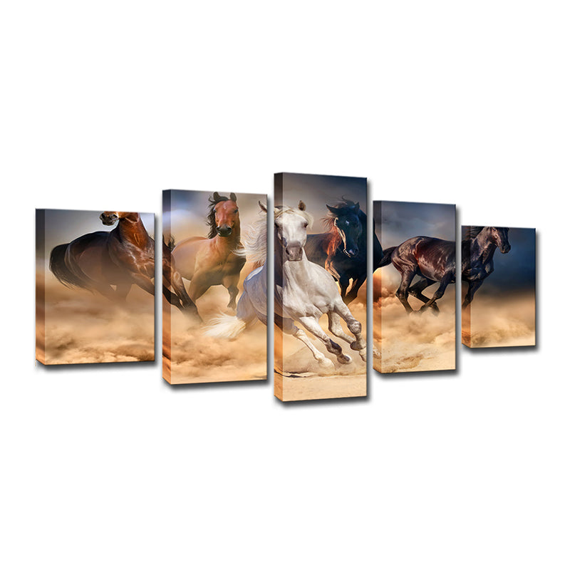 Multi-Piece Steeds Painting Contemporary Canvas Wall Art in Brown and Blue