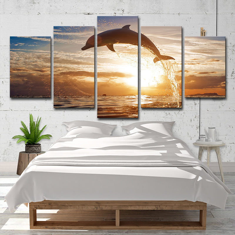 Brown Sunset Wall Art Decor Dolphin Jumping out of Sea Modern Multi-Piece Canvas Print