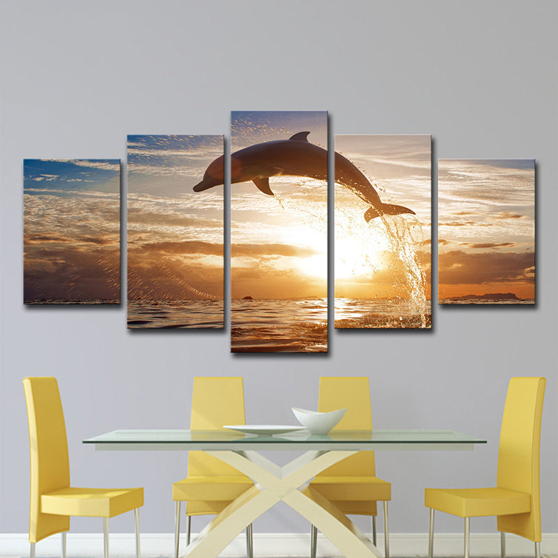 Brown Sunset Wall Art Decor Dolphin Jumping out of Sea Modern Multi-Piece Canvas Print