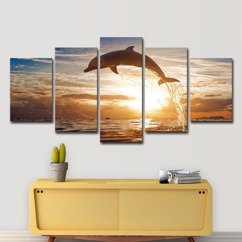 Brown Sunset Wall Art Decor Dolphin Jumping out of Sea Modern Multi-Piece Canvas Print