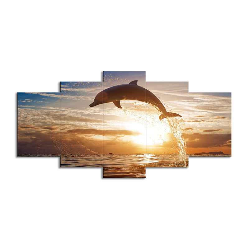 Brown Sunset Wall Art Decor Dolphin Jumping out of Sea Modern Multi-Piece Canvas Print