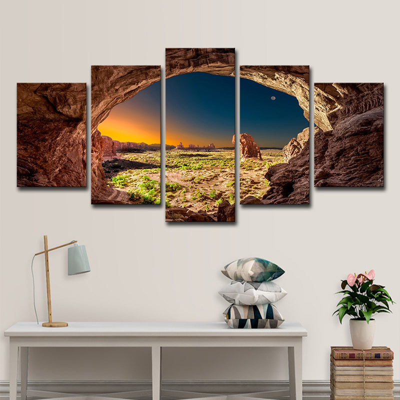 Brown Modern Style Wall Art Decor Sunset View from the Cave Canvas for Living Room