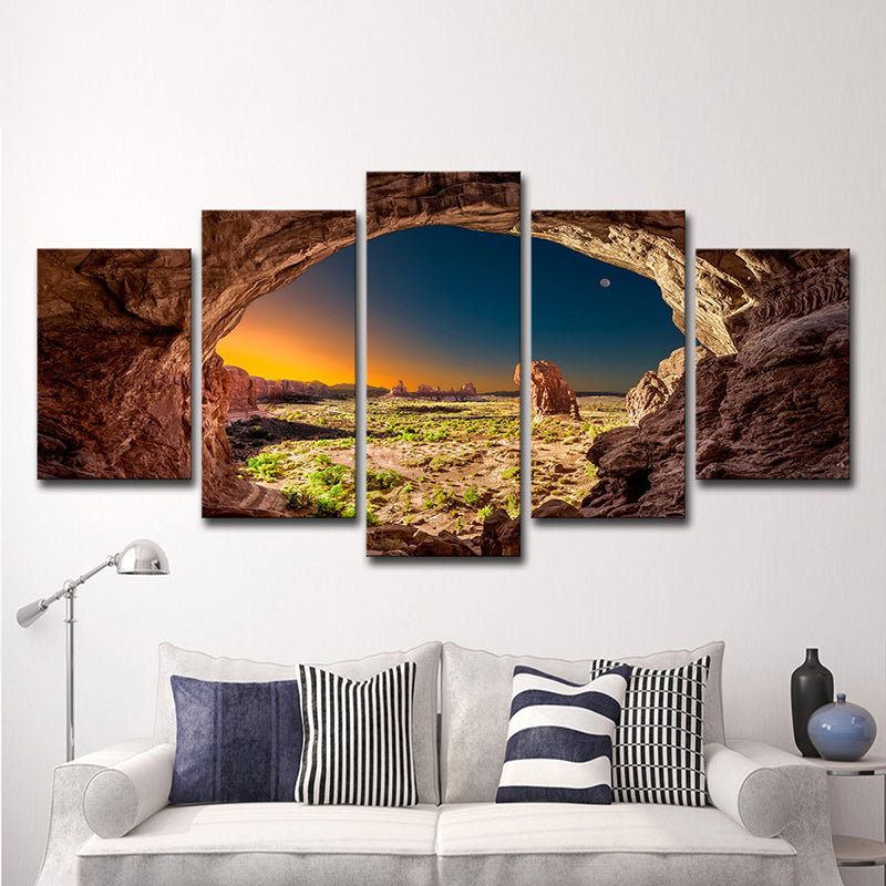 Brown Modern Style Wall Art Decor Sunset View from the Cave Canvas for Living Room