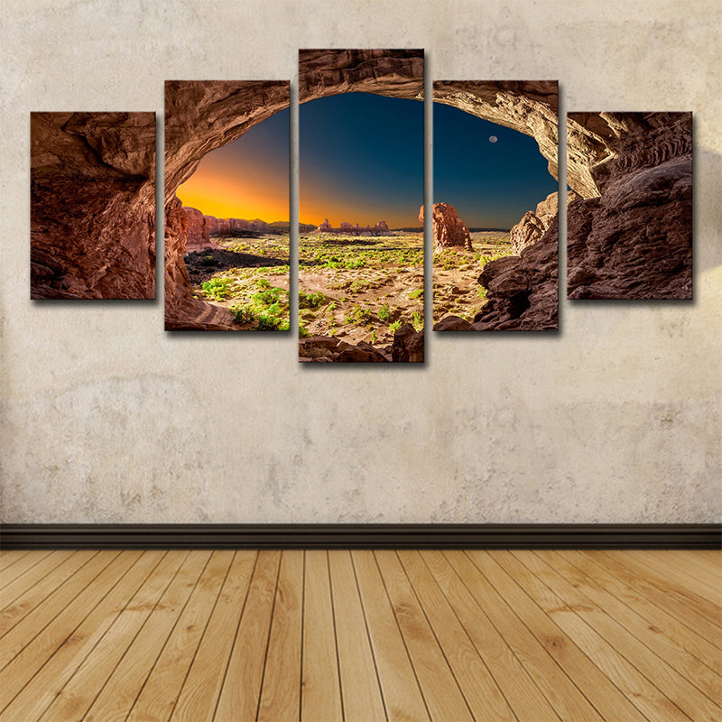 Brown Modern Style Wall Art Decor Sunset View from the Cave Canvas for Living Room