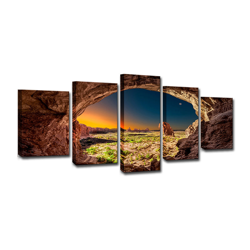 Brown Modern Style Wall Art Decor Sunset View from the Cave Canvas for Living Room