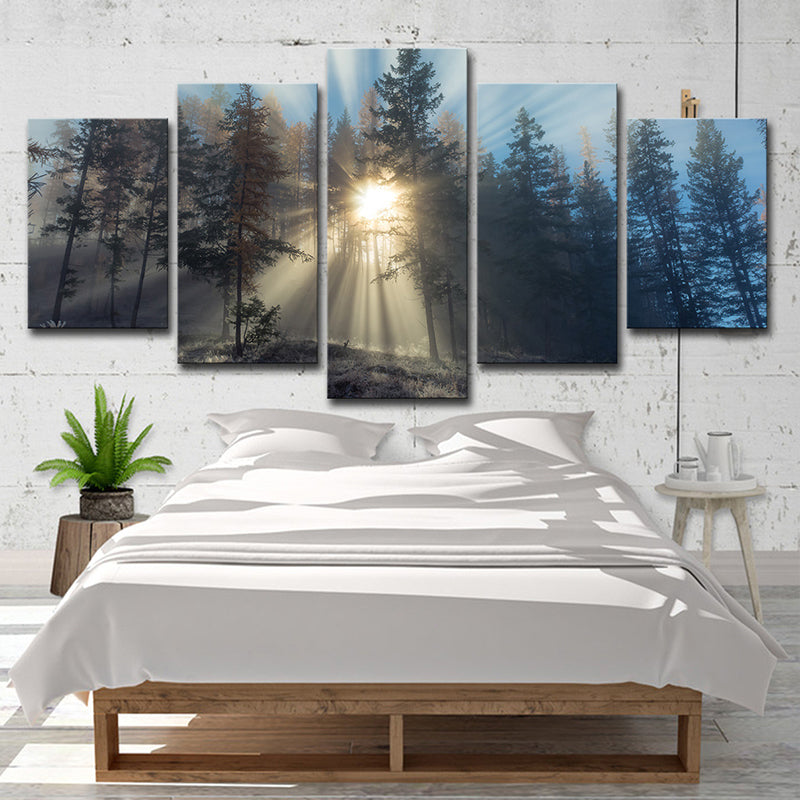 Sunshine in Misty Forest Art Print Blue Modernist Wall Decor for Bedroom, Multi-Piece