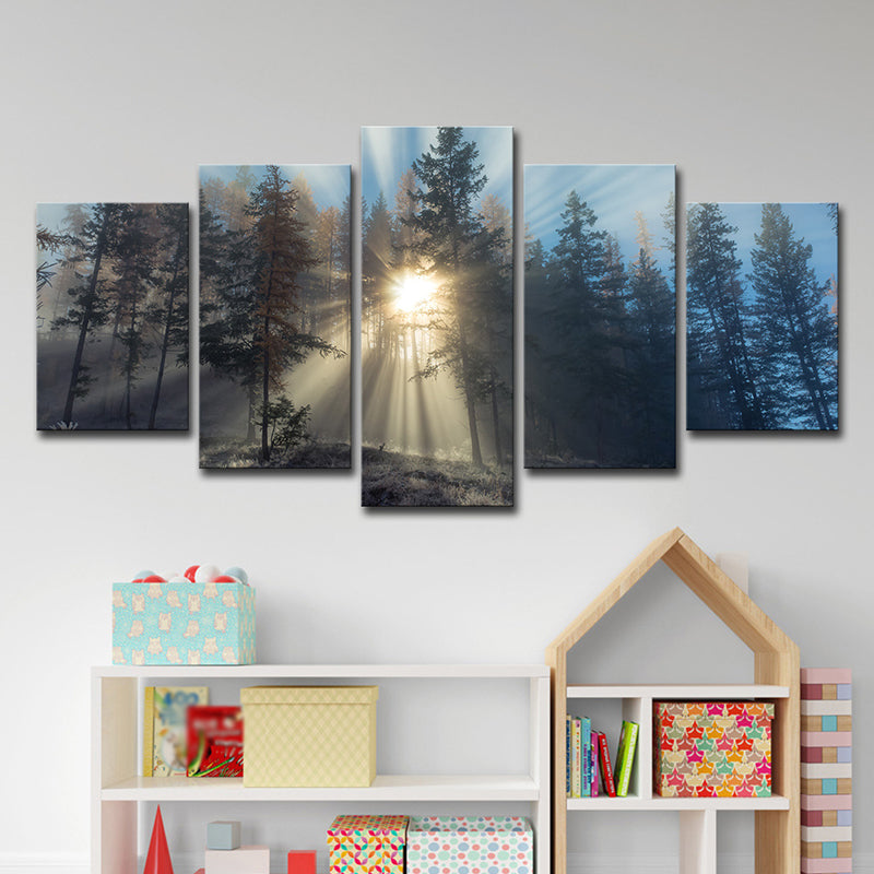 Sunshine in Misty Forest Art Print Blue Modernist Wall Decor for Bedroom, Multi-Piece