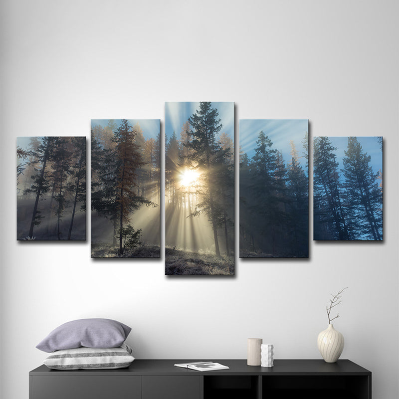 Sunshine in Misty Forest Art Print Blue Modernist Wall Decor for Bedroom, Multi-Piece