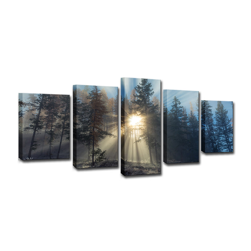 Sunshine in Misty Forest Art Print Blue Modernist Wall Decor for Bedroom, Multi-Piece